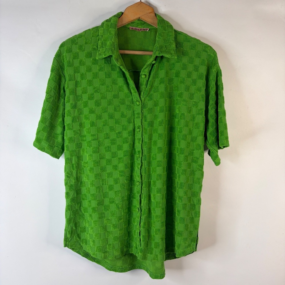 Bailey Rose Button Down Shirt Womens Small Green Terry Cloth Checkered Retro
